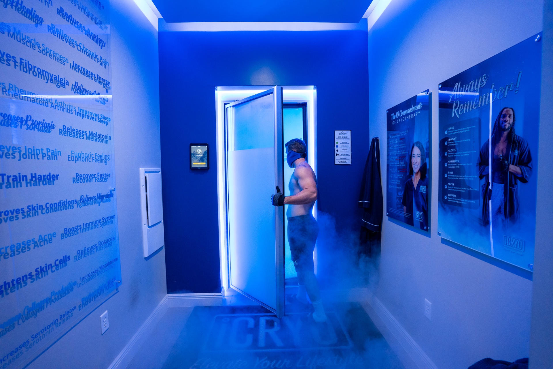 iCRYO Clemson cryotherapy chamber room with benefits wall